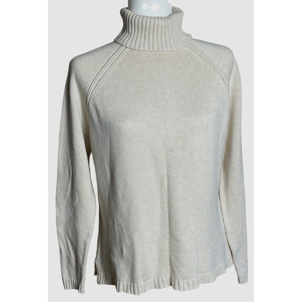 Jeanne Pierre Sweater Vtg Ecru Cotton Turtleneck Preppy Classic Cozy Womens M